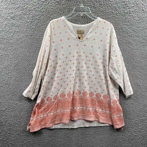Blue Mountain Women Tunic Top 1X Tan Geometric Pullover 3/4 Sleeve Shirt Stretch - Picture 1 of 10